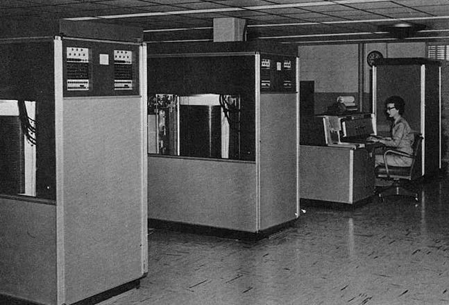 Foreground two 350 disk drives. Background 380 console and 305 processing unit